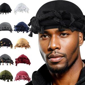 Halo Turban for Men Women Satin Lined Durag Head Wraps Skull Cap Pre-Tied Tassel